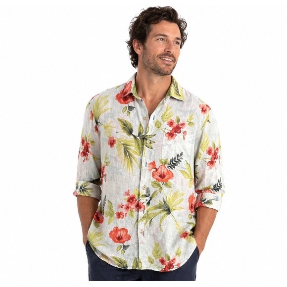 Tommy Bahama Other - Tommy‎ Bahama 100% Linen Tropical Floral Shirt Mens Fits Like L Relaxed Beach
